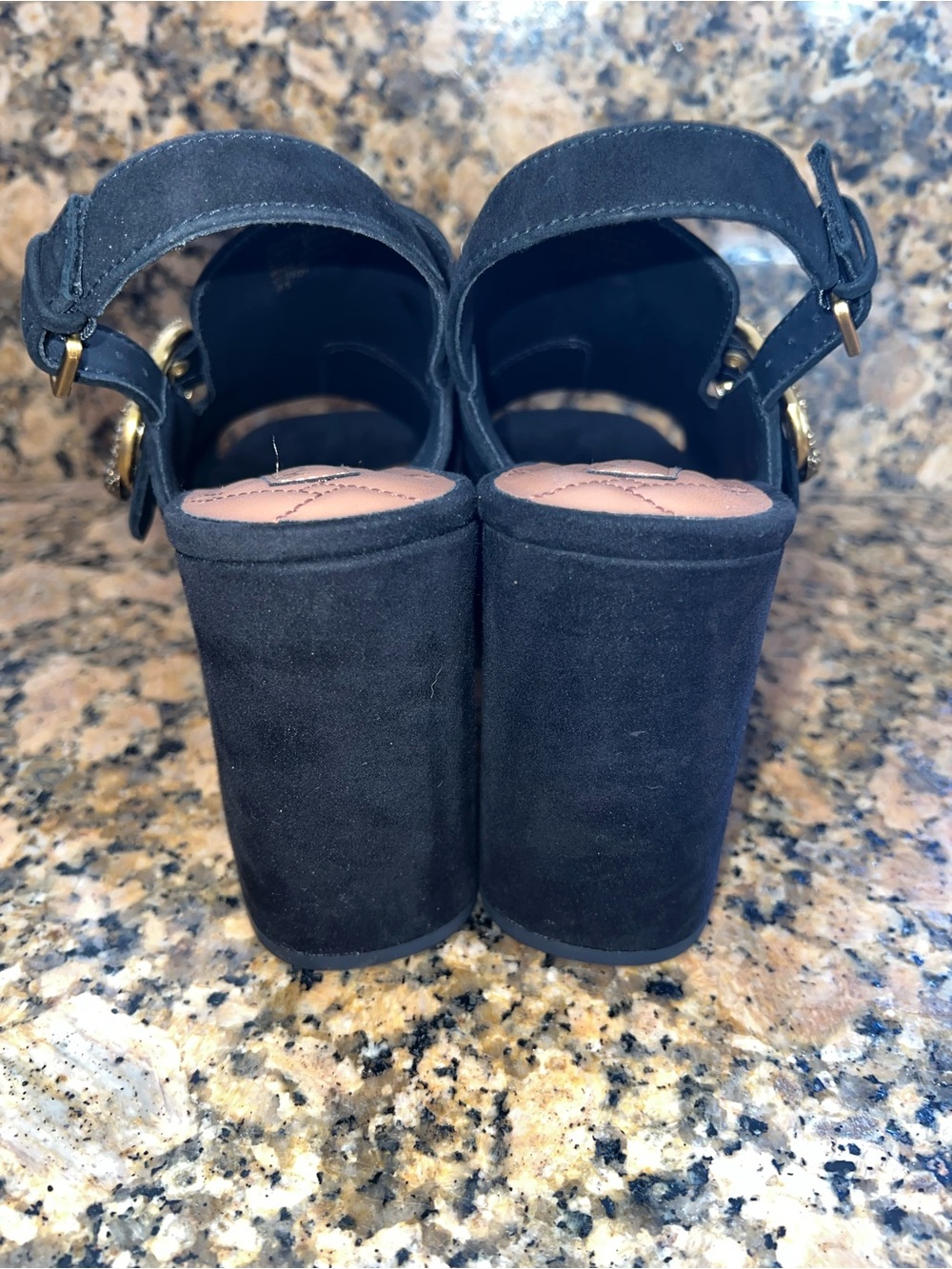 Kurt Geiger Black Suede Platform Slingback Heels with Gold Buckle - Picture 4 of 6
